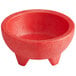 A red Choice Thermal Plastic molcajete bowl with three legs.