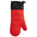 A red oven mitt with black trim.