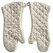 A pair of white terry oven mitts.