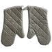 A pair of gray quilted Choice oven mitts.