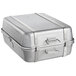A silver metal Vollrath Wear-Ever double roaster pan with straps.