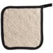 A beige terry cloth pot holder with black trim.