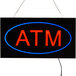 A rectangular LED sign with blue and red text that says "ATM" on a white background.