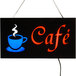 A white rectangular LED cafe sign with a blue and white cup and a blue light.