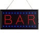 A rectangular LED bar sign with blue lights on.