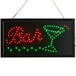 A rectangular LED bar sign with a martini glass and lights on it.