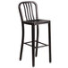 A black metal bar stool with a black seat and a backrest.