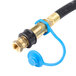 A blue Crown Verity liquid propane gas hose with a gold regulator nozzle.