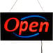 A rectangular white LED open sign with red and blue text.