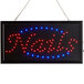 A rectangular LED sign that says "Nails" in red and blue lights.