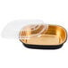 A black and gold Durable Packaging foil entree container with a clear lid.