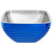 A cobalt blue Vollrath square metal serving bowl with a stainless steel double wall.