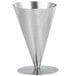 A Tablecraft brushed stainless steel cone on a stand.