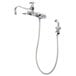 A T&S chrome wall mount faucet with an 8" swing nozzle and hose attached.