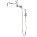 A chrome T&S wall mounted faucet with an 8" swing nozzle and hose.