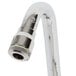 A close-up of a T&S chrome wall mount faucet with a hose attached.