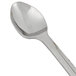 A close-up of a WNA Comet Reflections Petites stainless steel look tasting spoon with a silver handle.