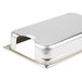 A stainless steel rectangular tray with a hole on top.