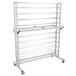 A white metal rack with wheels.