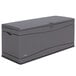 A Lifetime gray plastic outdoor storage box with a lid.