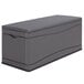 A gray plastic Lifetime outdoor storage box with a lid.
