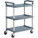 A grey Choice utility cart with three shelves and wheels.