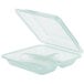 A jade green plastic GET reusable container with three compartments and a lid.