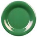 A close-up of a Thunder Group green melamine plate with a white rim.