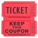 A roll of two red Carnival King customizable raffle tickets with black text.