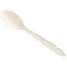 A close-up of a Visions beige plastic teaspoon with a handle.