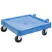 A blue plastic container with black wheels.
