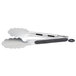 Two Tablecraft silver tongs with black ergonomic handles and a locking mechanism.