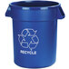 A blue Carlisle Bronco recycling bin with white text that says "RECYCLE" and white arrows.