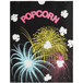 A Bagcraft Funburst Design popcorn bag with colorful fireworks on a black background.