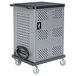 A grey metal Oklahoma Sound Duet Charging Cart with a black top and holes on top.