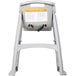 A grey Rubbermaid high chair with a white label.
