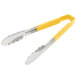 A pair of Vollrath stainless steel tongs with yellow Kool Touch handles.