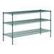 A green wire shelving unit with three shelves.