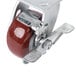 A 4" plate caster with a metal base and a red wheel.