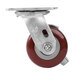 A red and metal 4" Swivel Plate Caster wheel with brake.