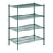 A green metal wire shelving unit with four shelves.