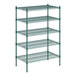 A green wire shelving unit with five shelves.