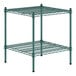 A green metal wire shelving kit with two shelves.