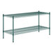 A green metal wire shelving unit with two shelves.