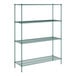 A green wire shelving unit with four shelves and metal posts.