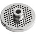 A silver stainless steel #12 hub grinder plate with holes.