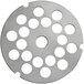 A stainless steel circular metal grinder plate with holes.