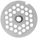 A #22 stainless steel hub grinder plate with circular holes.