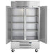 A silver stainless steel Beverage-Air reach-in freezer with two solid doors open.