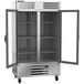 A Beverage-Air stainless steel reach-in refrigerator with two glass doors.
